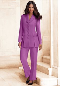Plus Size Long Sleeve Ten-Button Shawl-Collar Pant Suit – 2-Piece Pant Set
