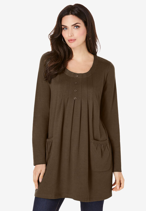 Long-Sleeve Two-Pocket Soft Knit Tunic, CHOCOLATE, hi-res image number null