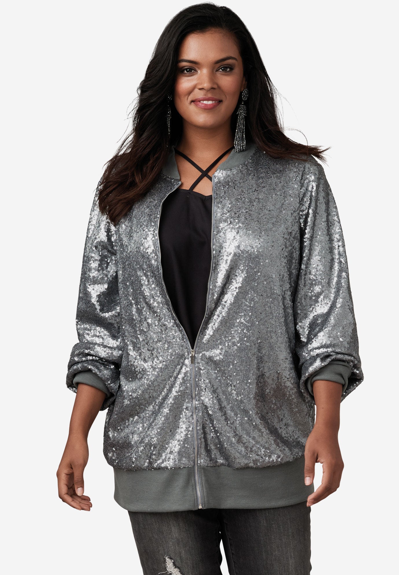 plus size sequin bomber jacket