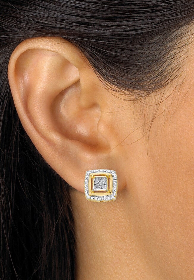 Diamond Accent Squared Two-Tone Gold-Plated Button Earrings, , alternate image number 2