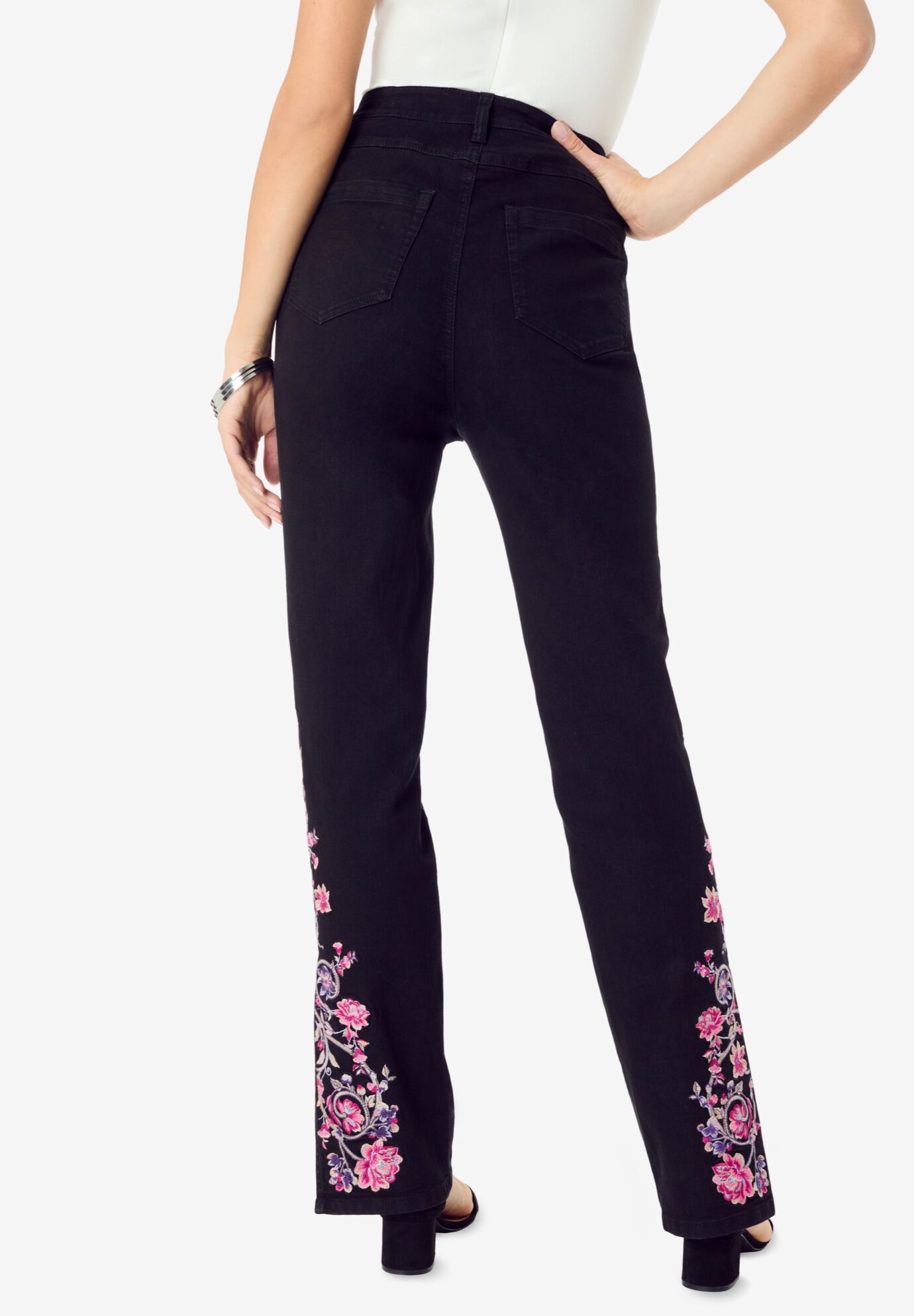 Plus Size Invisible Stretch&reg; Embroidered Split Flare-Leg Jean, BLACK VINE, on-hover image number 1