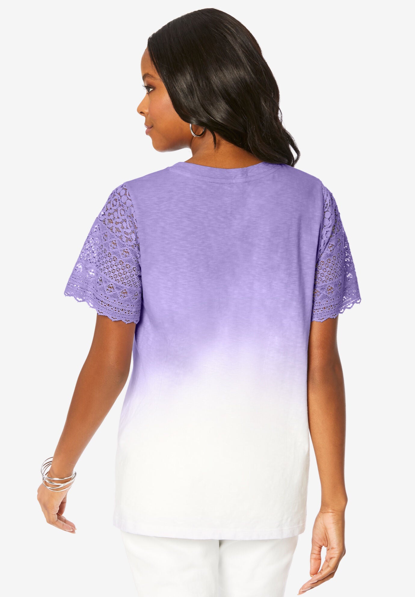 Lace-Sleeve Ombre Slub Tee, VIVID PINK, on-hover image number 1