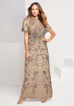 Extended Plus Size Beaded Capelet Maxi Gown – Glam Evening Dress