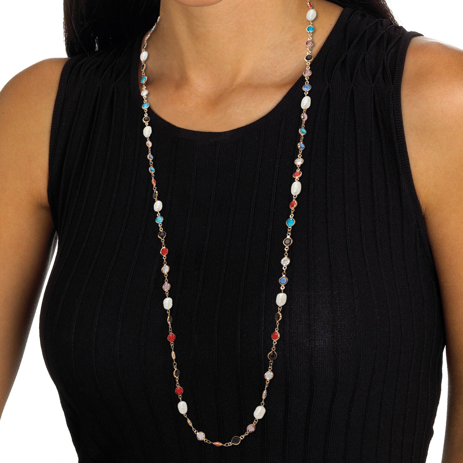 Colorful Crystal and Pearl Yellow Gold Ion-Plated Long Necklace, 40 Inches, RED, alternate image number 2