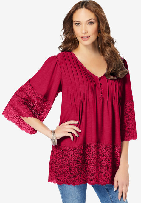 Lace-Hem Pintuck Tunic, CLASSIC RED, hi-res image number null