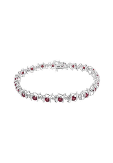 Sterling Silver Gemstone & Round Diamond Tennis Bracelet Ruby July Birthstone, , on-hover image number null