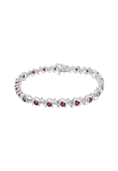 Sterling Silver Gemstone & Round Diamond Tennis Bracelet Ruby July Birthstone, , on-hover image number null