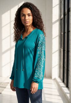 Plus Size Notch Neck Embroidered Peasant Tunic