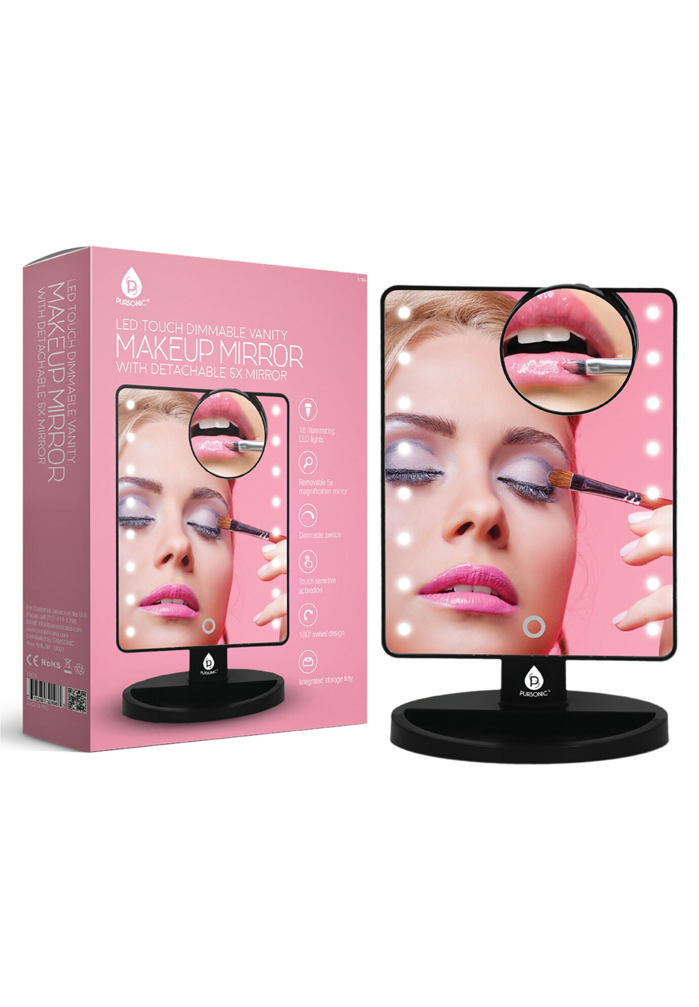 Led Vanity Makeup Mirror W/5X Detachable Mirror, BLACK, hi-res image number 0