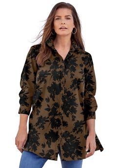 Plus Size Kate Long Sleeve Tunic Easy Cotton-Blend Button-Front Shirt