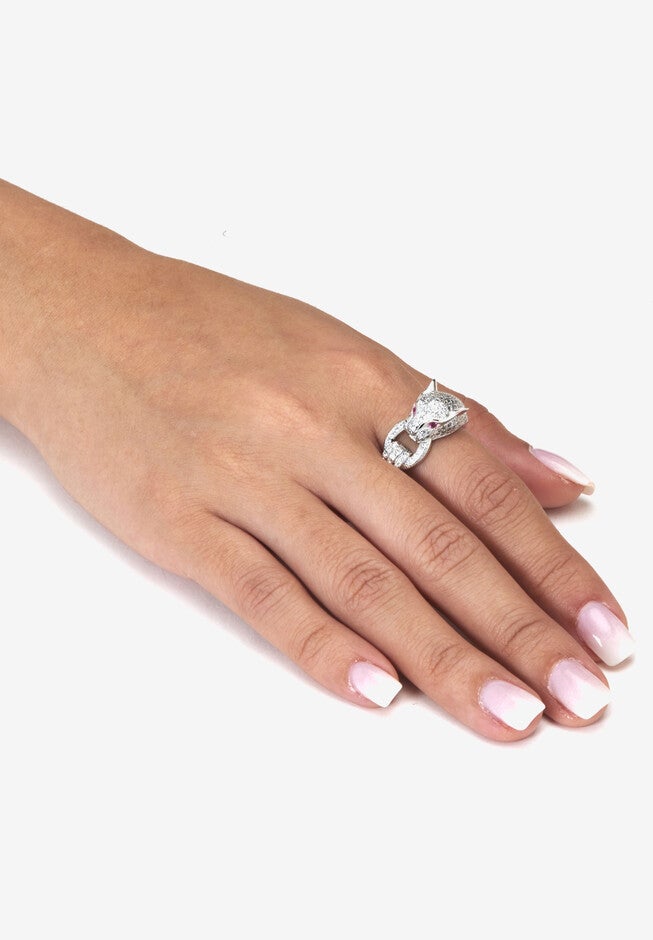 .77 Tcw Round Cubic Zirconia Silvertone Panther Cocktail Ring, , alternate image number null