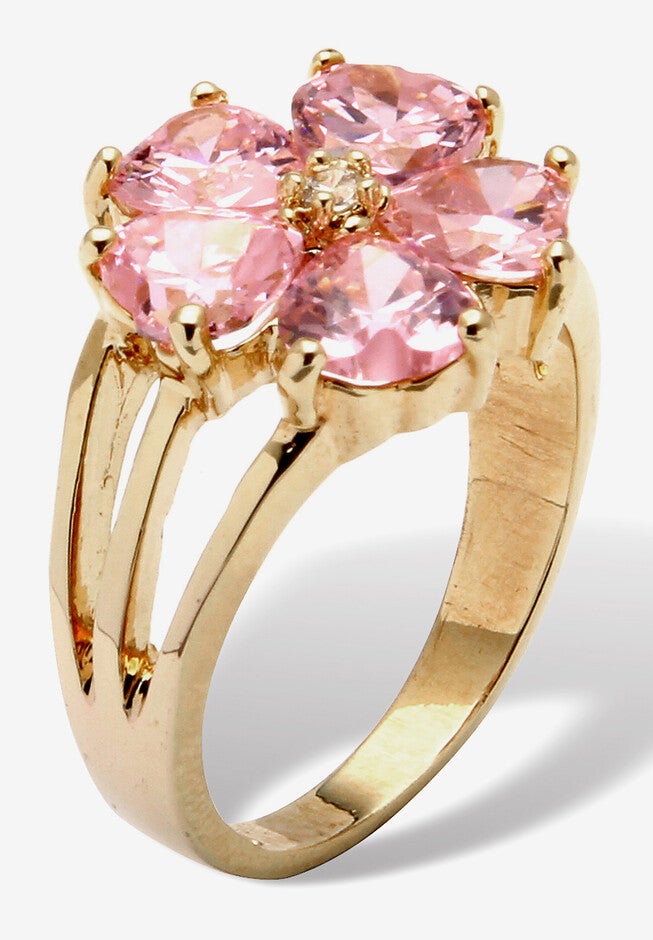 Yellow Gold-Plated Heart Shaped Flower Petals Ring Pink Cubic Zirconia Jewelry, , on-hover image number 1