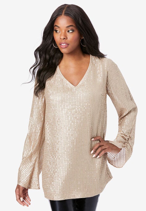 Sequin-Embellished Georgette Pullover, PALE GOLD, hi-res image number null