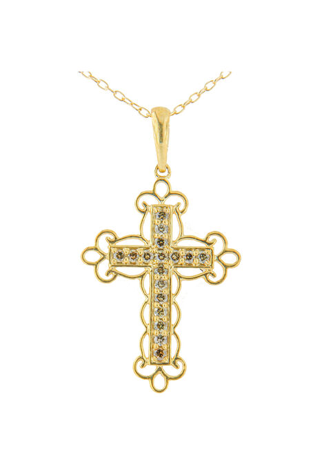 Yellow Flashed Sterling Silver Champagne Diamond Filigree Cross Pendant Necklace, YELLOW GOLD, hi-res image number null