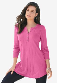 Plus Size Drop Needle Henley Lightweight Sweater Knit