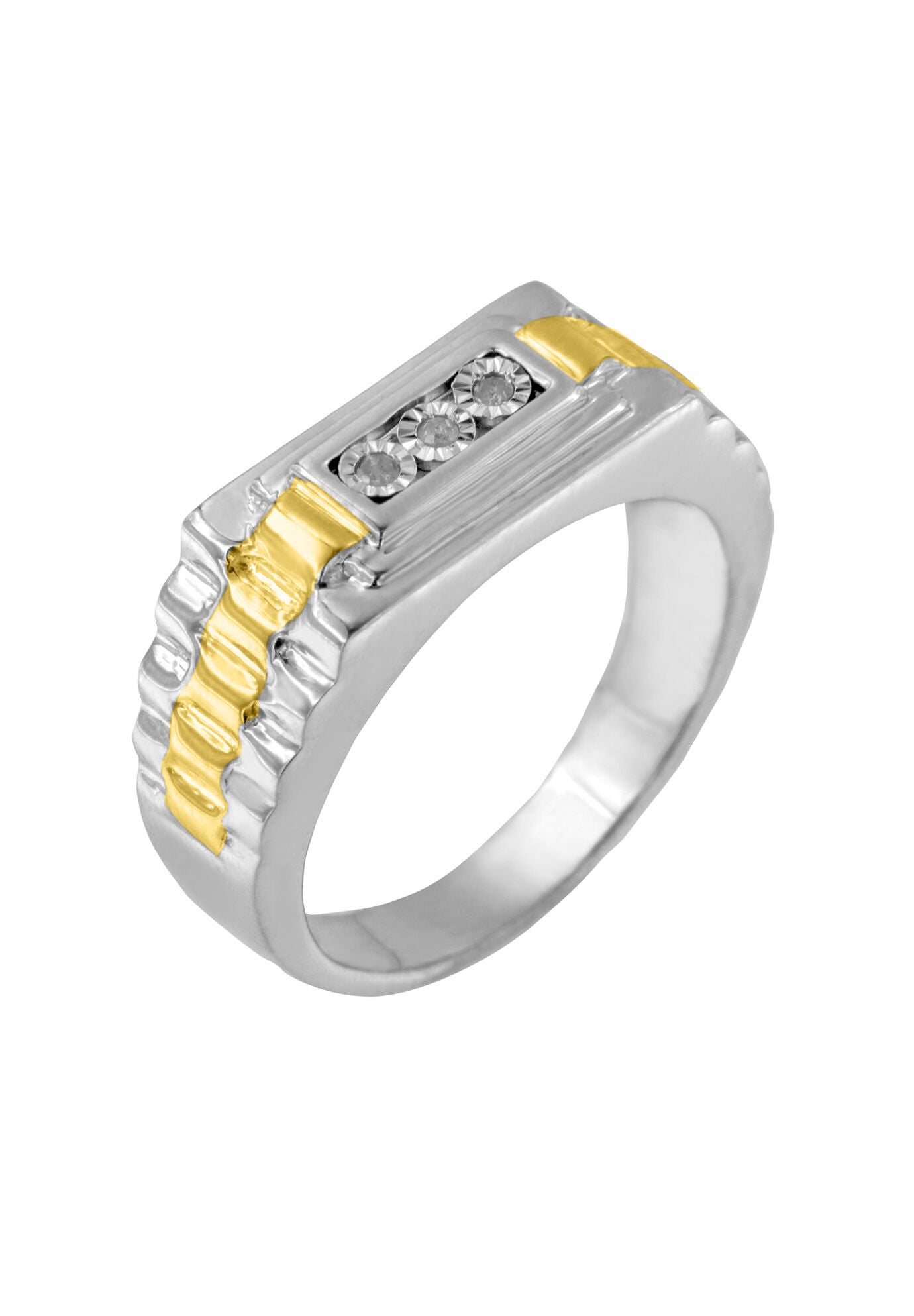 Men&#39;S Yellow Gold Over Silver Diamond Accent Miracle-Set 3 Stone Ridged Band Ring, , alternate image number 3