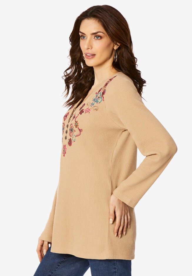 Embroidered Thermal Henley Top, , alternate image number null