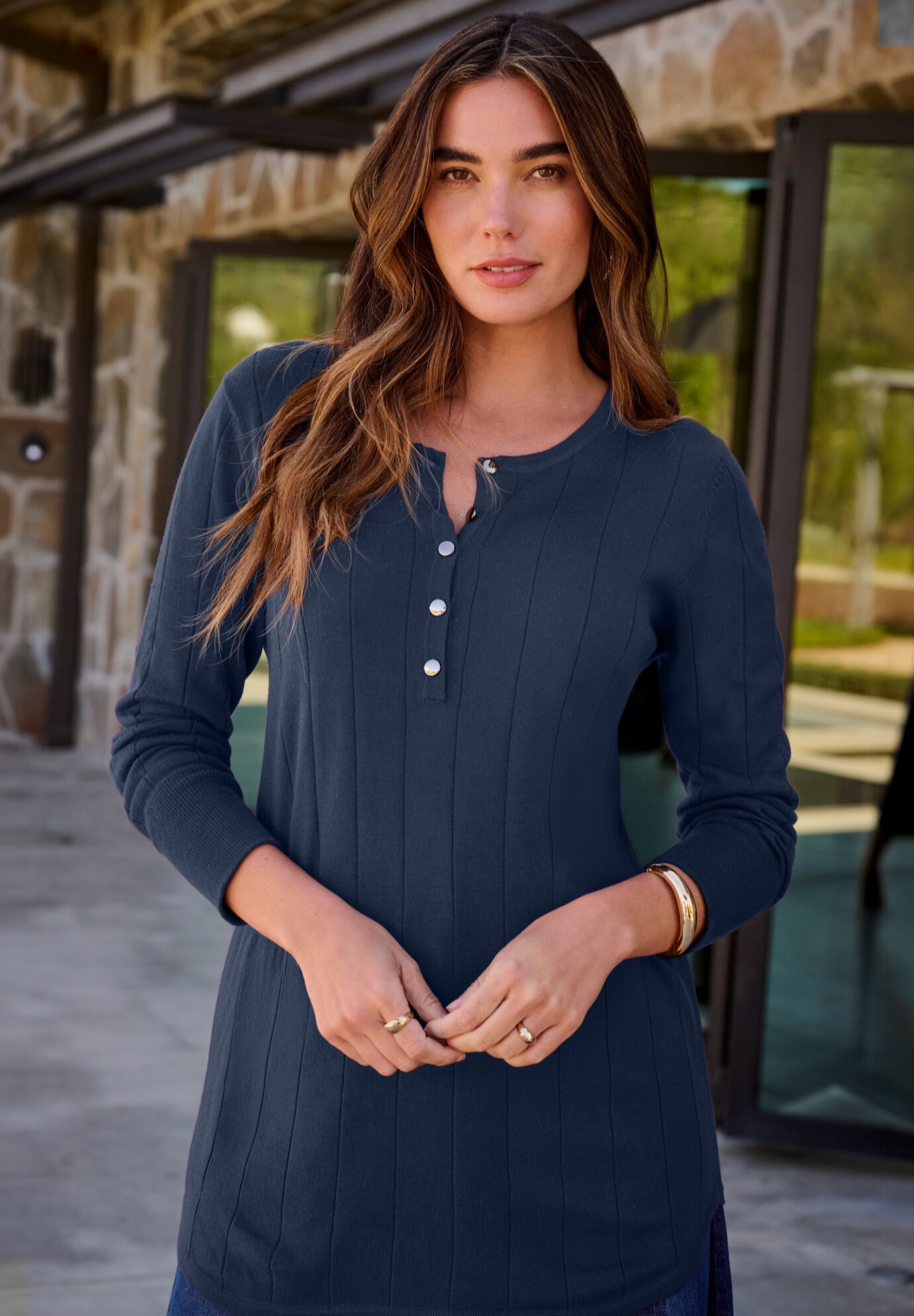 Plus Size Drop Needle Henley Lightweight Sweater Knit, NAVY, on-hover image number 1