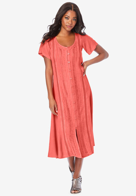 Button-Front Swing Dress, SUNSET CORAL, hi-res image number null