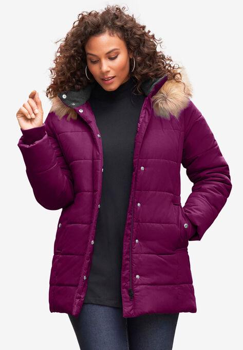 Classic-Length Puffer Jacket with Hood, DARK BERRY, hi-res image number null