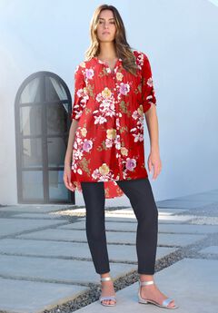 Plus Size Pintuck Tunic Blouse – Y-Neck & Roll-Tab Sleeves
