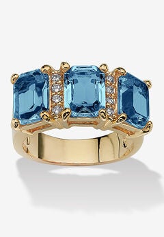 Yellow Gold-Plated Emerald Cut 3 -Stone Simulated Birthstone & CZ Ring