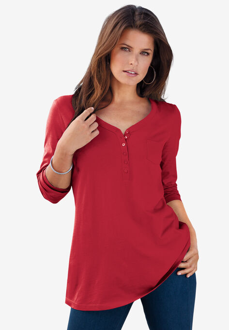 Long-Sleeve Henley Ultimate Tee with Sweetheart Neck, CLASSIC RED, hi-res image number null