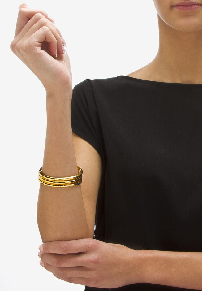 18K Gold-Plated Sterling Silver 3-Piece Set Of Etched And Polished Bangle Bracelets, , alternate image number null