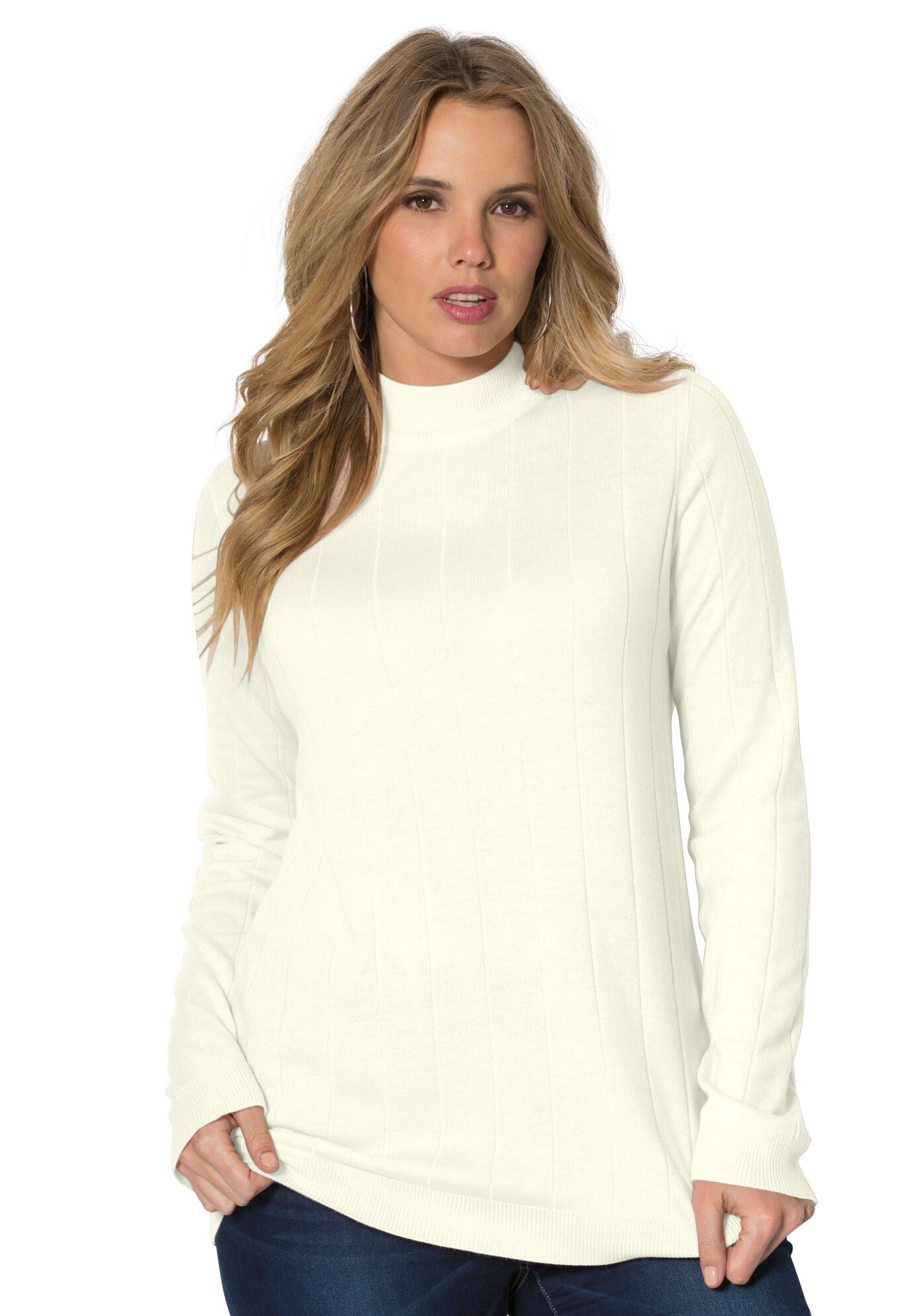 Plus Size Drop Needle Mockneck Lightweight Sweater Knit, IVORY, hi-res image number 0