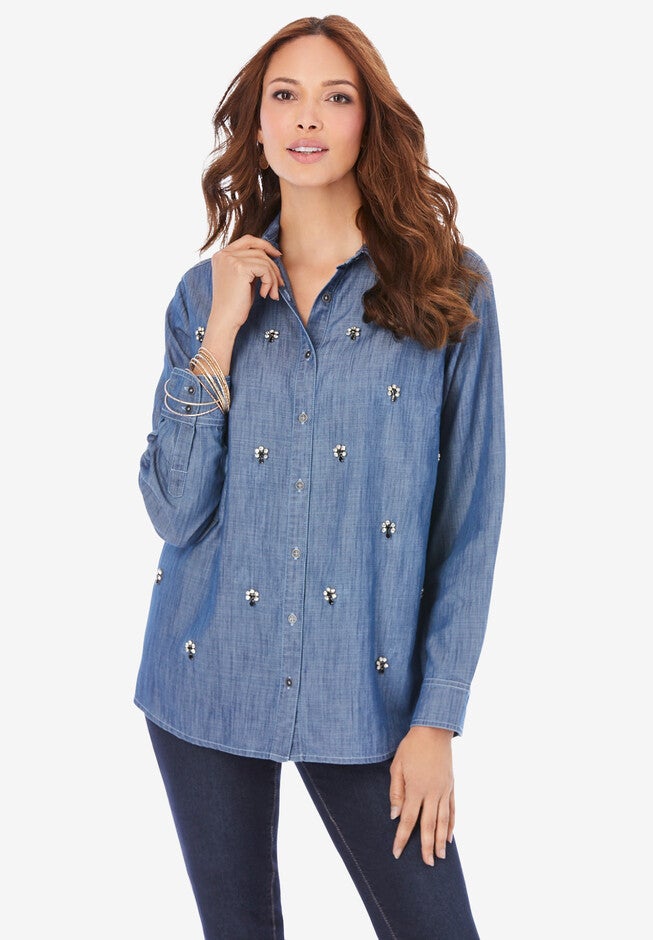 Gem Stud Big Shirt, STONEWASH, hi-res image number null
