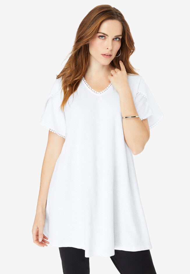 Picot-Trimmed Slub Tunic, WHITE, hi-res image number null