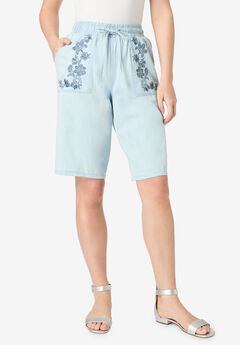 Embroidered Chambray Bermuda Shorts