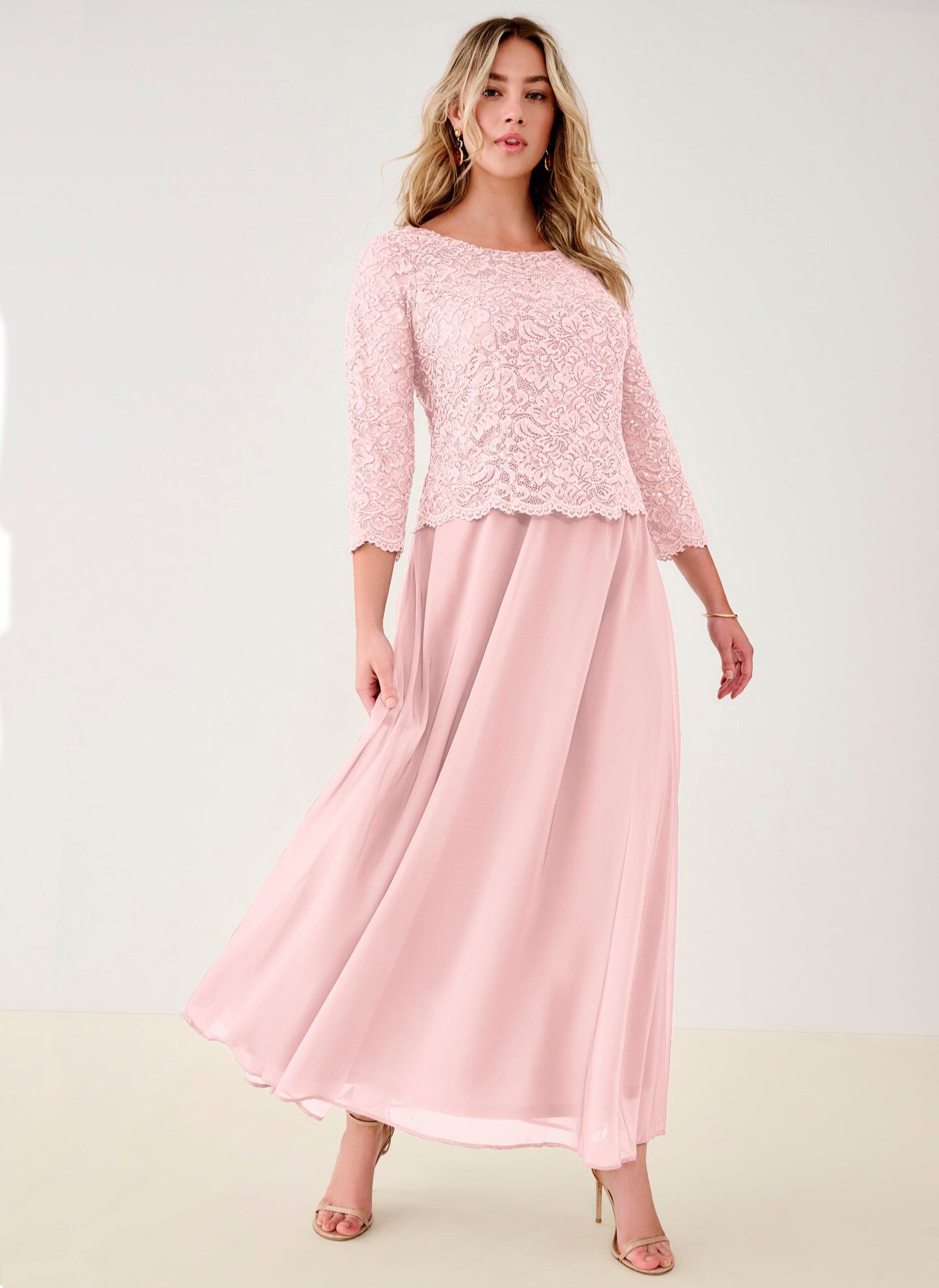 Extended Plus Size Sequin Lace Three Quarter Sleeve A-Line Gown, PALE BLUSH, hi-res image number 0