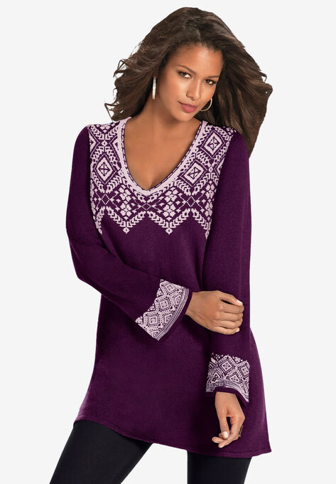 Fit-And-Flare Tunic Sweater, DARK BERRY FAIR ISLE, hi-res image number null