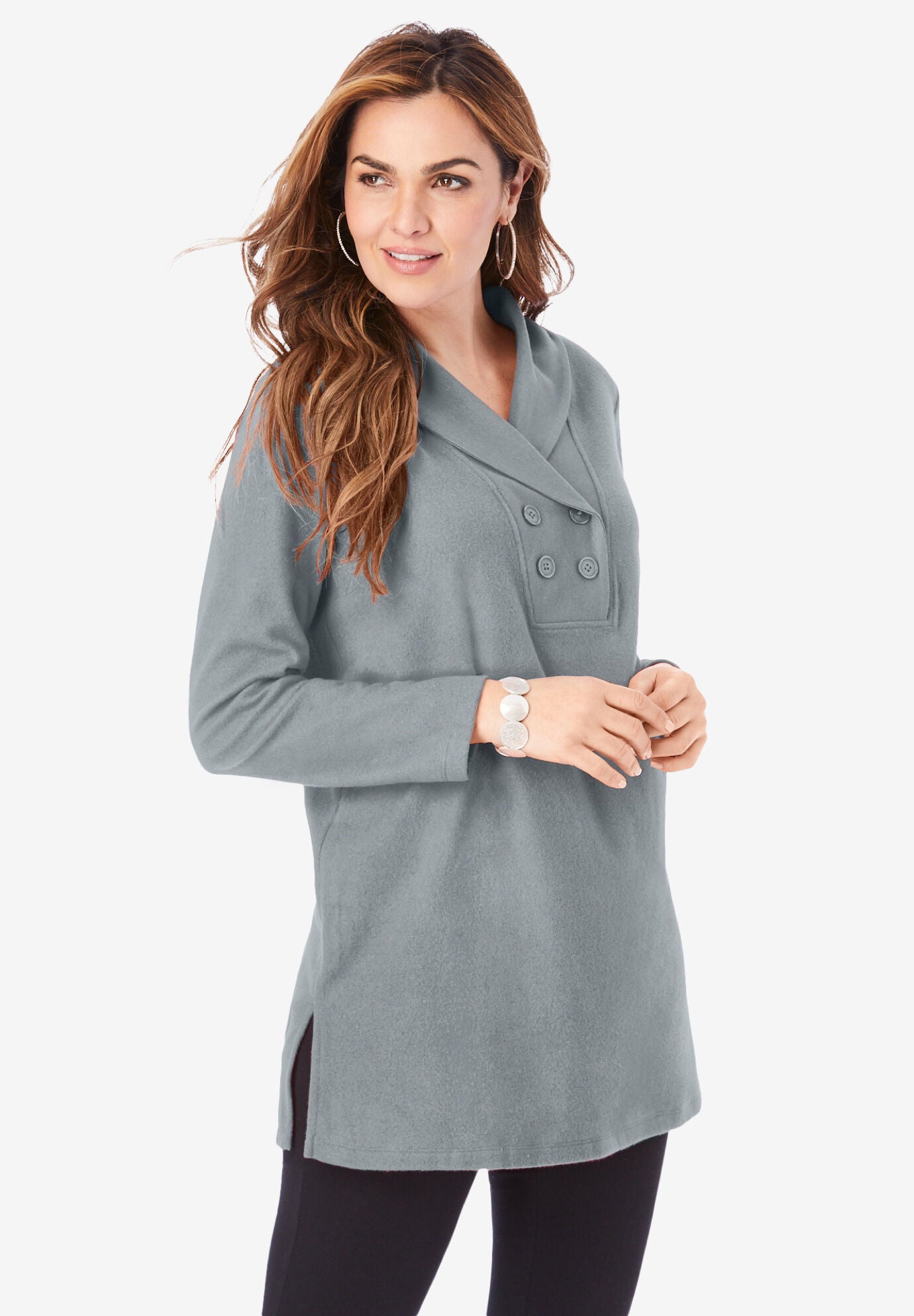 Double Button Sherpa Fleece Tunic, GUNMETAL, hi-res image number 0