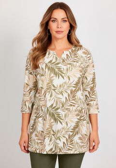 Plus Size Three-Quarter Sleeve Notch Neck Soft Knit Tunic