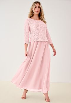 Plus Size Sparkle Lace Popover A-Line Gown with 3/4 Sleeves