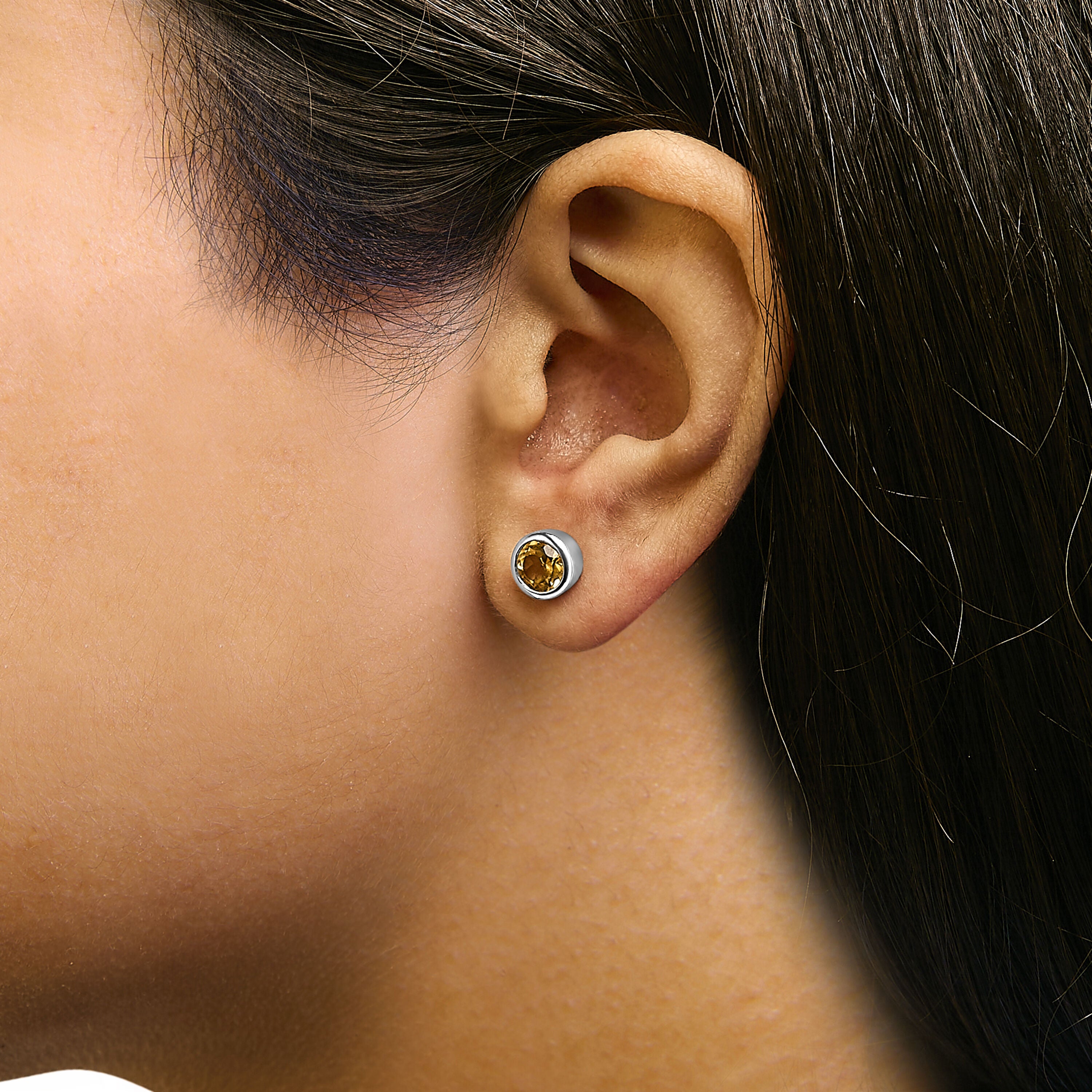 .925 Sterling Silver 6MM Bezel Set Created Yellow Citrine Solitaire Stud Earrings, YELLOW, alternate image number 3