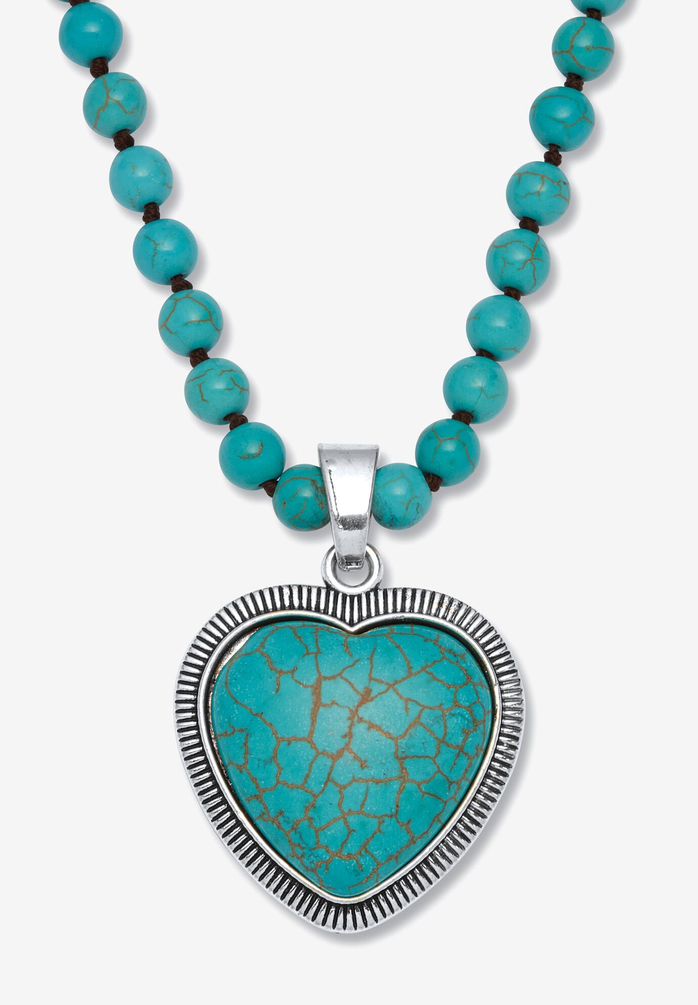 Genuine Turquoise Antiqued Silvertone Heart Pendant Necklace, 34 Inches