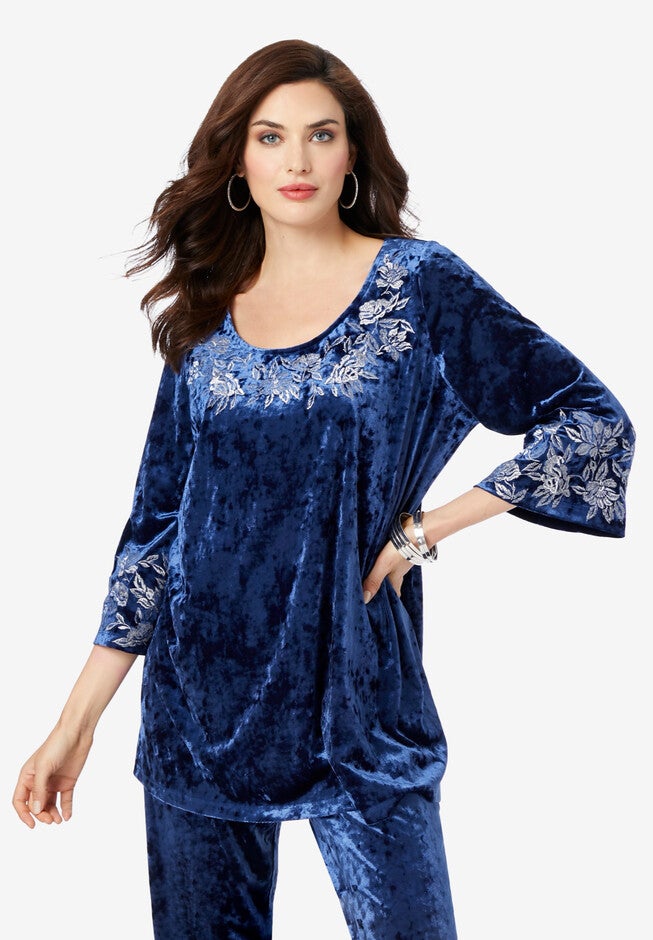 Embroidered Velour Top, EVENING BLUE ROMANTIC VINES, hi-res image number null