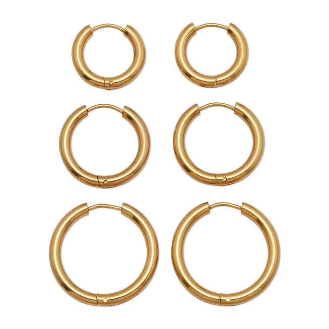 3-Pair Gold Ion-Plated Stainless Steel Hoops, 5/8 inches, 7/10 inches and 1 inches, YELLOW, on-hover image number 1