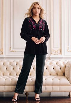 Plus Size Embroidered Notch-Neck Tassel Tie Tunic