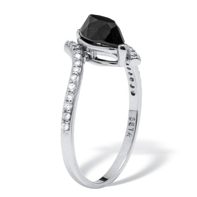 Marquise Genuine Onyx and Cubic Zirconia Silvertone Ring, BLACK, on-hover image number 1