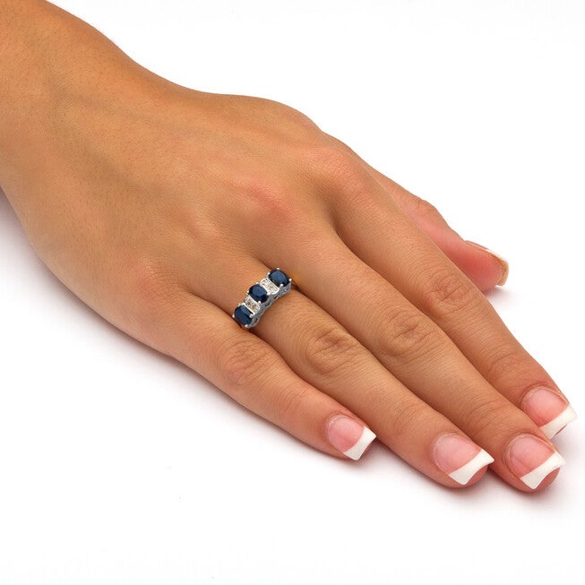 1.86 TCW Oval-Cut Genuine Blue Sapphire & Diamond Platinum Plated Silver Ring, BLUE, alternate image number 2