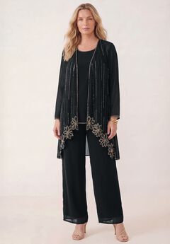 Plus-Size Long Sleeve Floral Beaded Georgette Three-Piece Pant Set