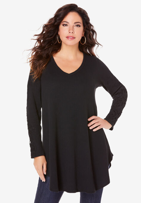 V-Neck Lace-Sleeve Thermal Tunic, BLACK, hi-res image number null