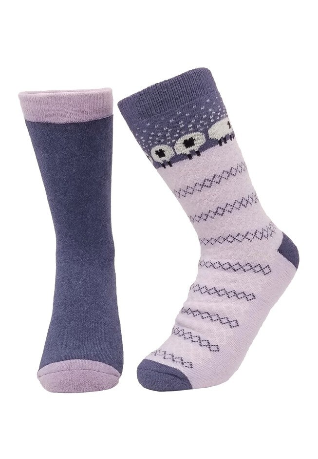 2 Pr Super Soft Polyester Thermal Insulated Socks, LAVENDER SHEEP NAVY, hi-res image number 0