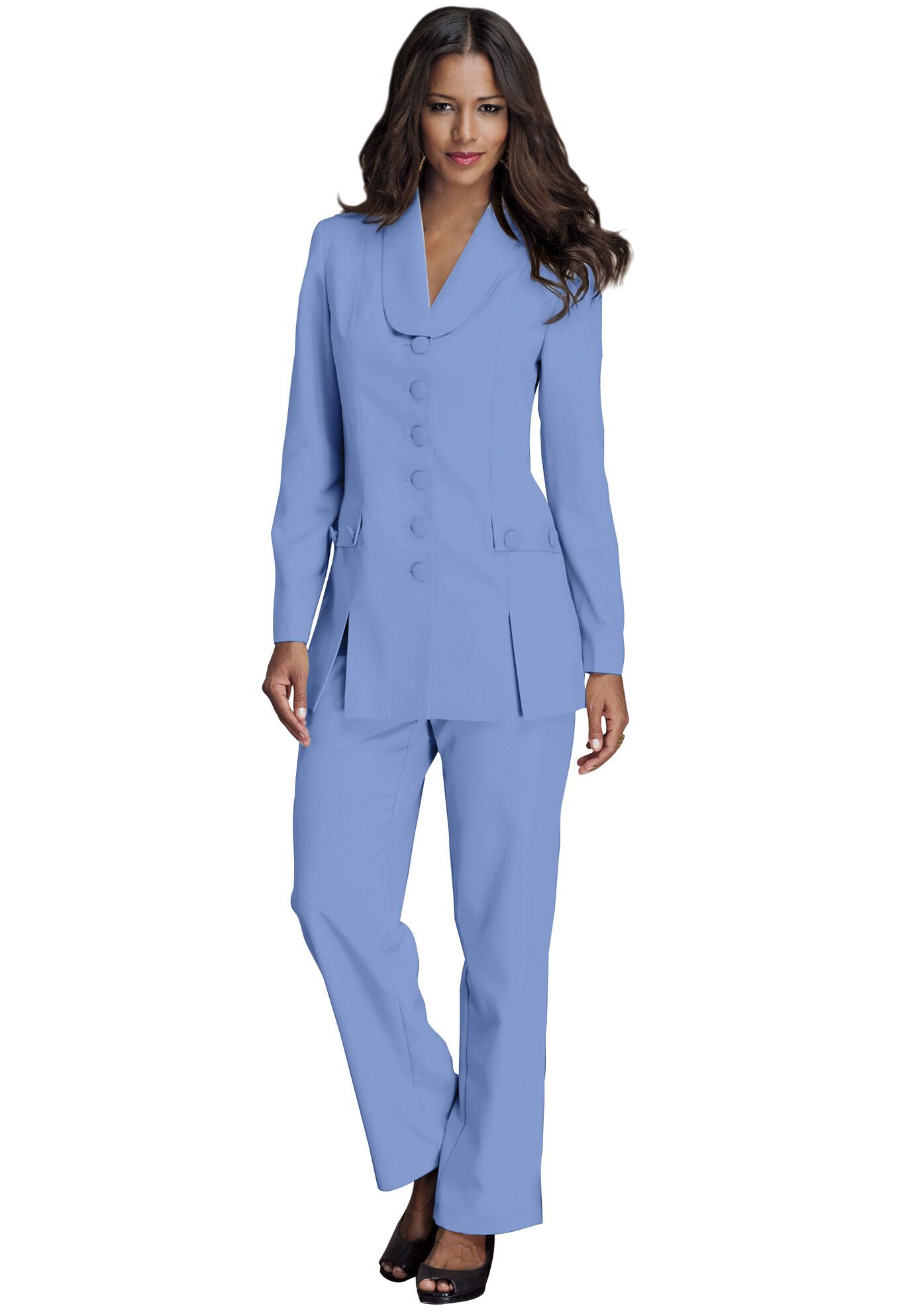 Plus Size Long Sleeve Ten-Button Shawl-Collar Pant Suit &ndash; 2-Piece Pant Set, FRENCH BLUE, hi-res image number 0