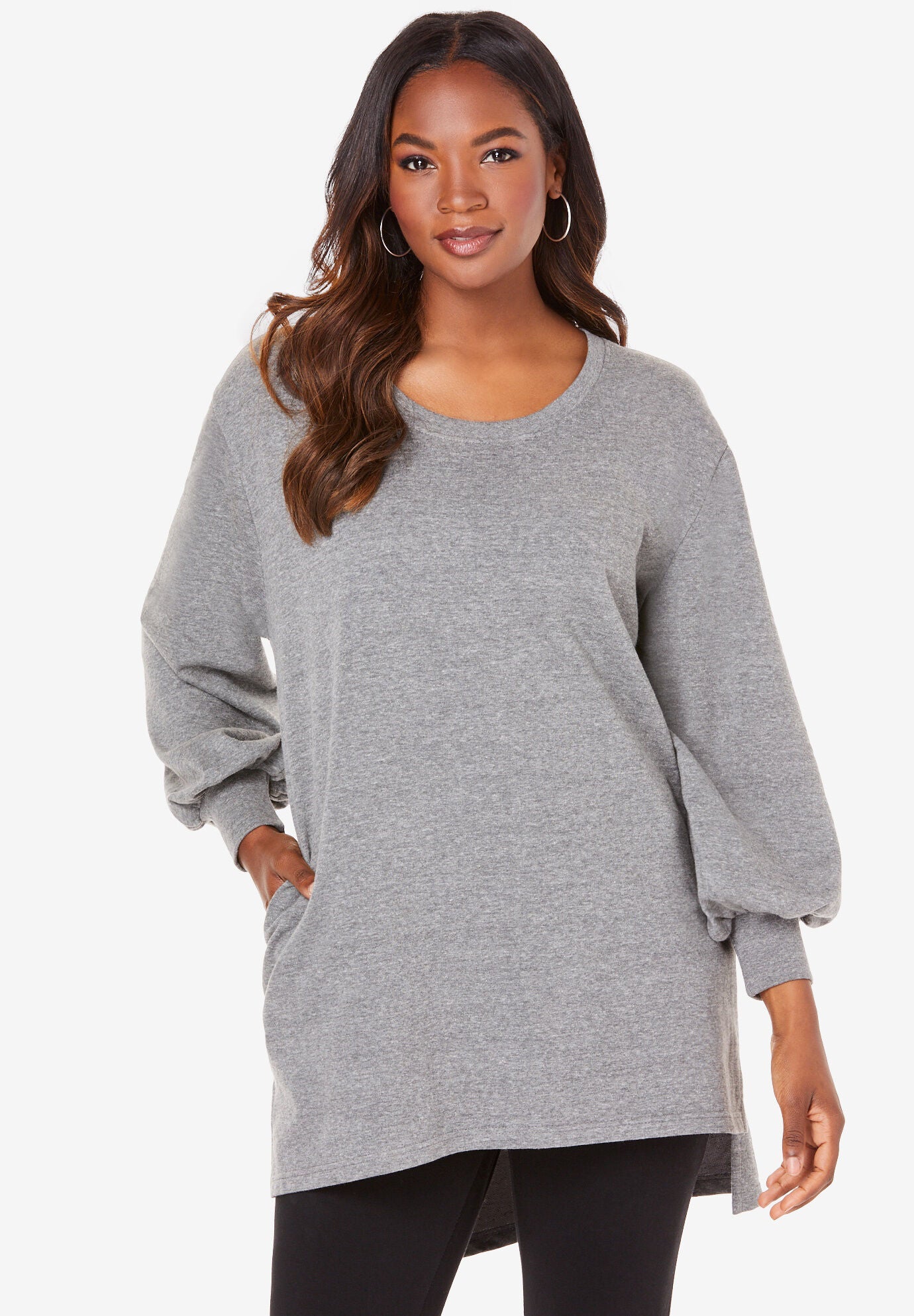 Blouson Sleeve High Low Sweatshirt, MEDIUM HEATHER GREY, hi-res image number 0