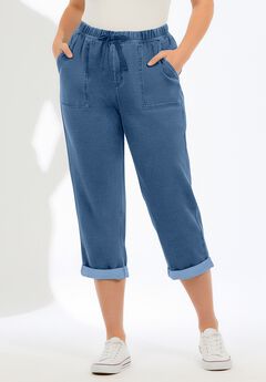 Plus Size Knit Denim Pull-On Cuffed Capri Jean
